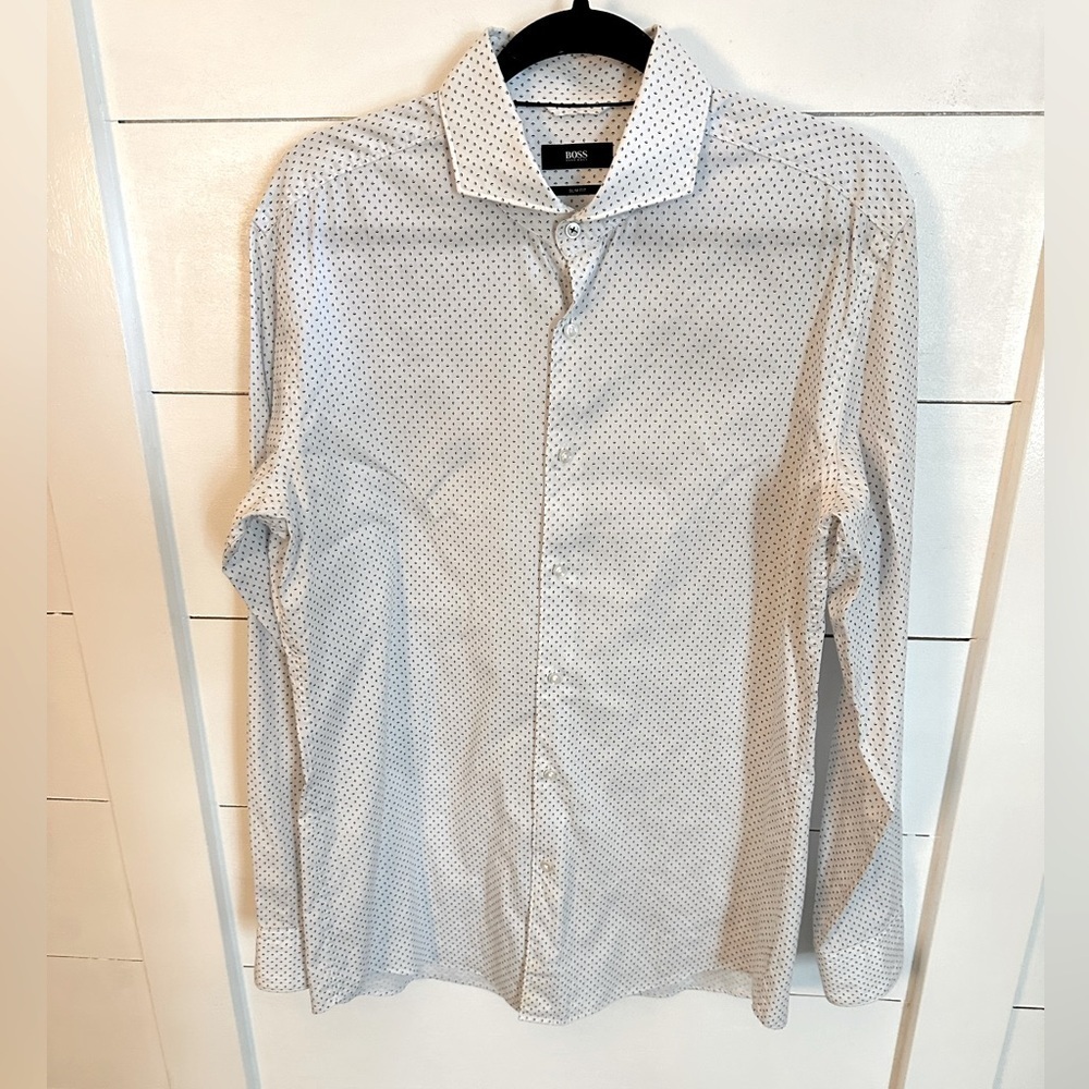 HUGO BOSS White design Men luxury career office special occasion top  42 16.5”